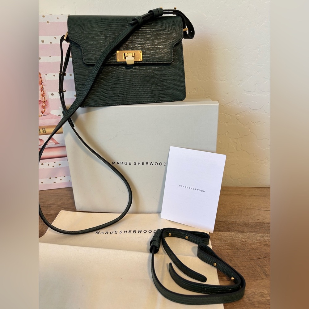 Marge Sherwood Dark Green Lizard Embossed Textured Leather Crossbody Bag
